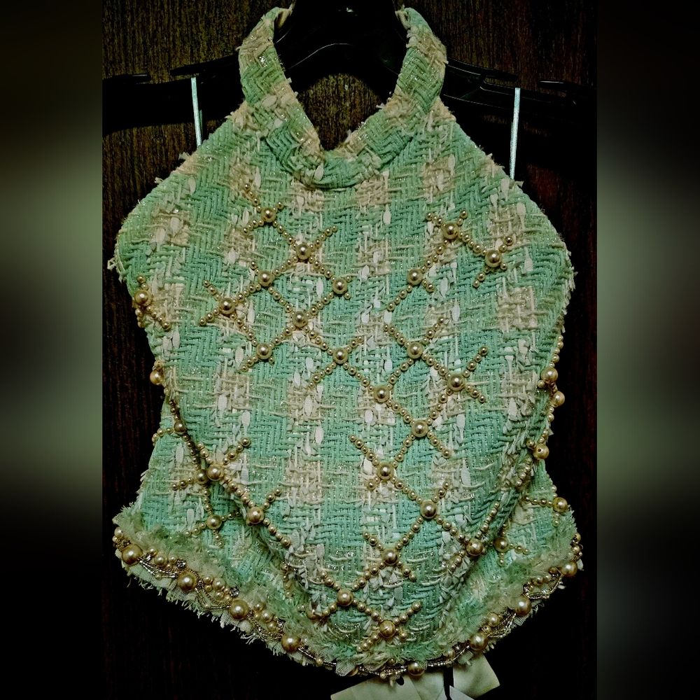 Balmain Green Tweed Embellished Halter Top